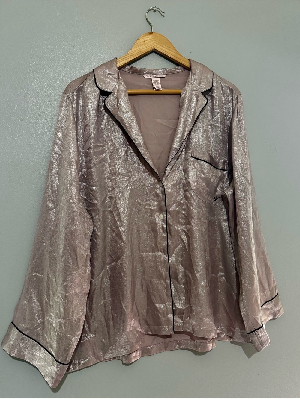 Victoria's Secret Shimmery Dusty Rose Satin Button-Up Top with Black Trim